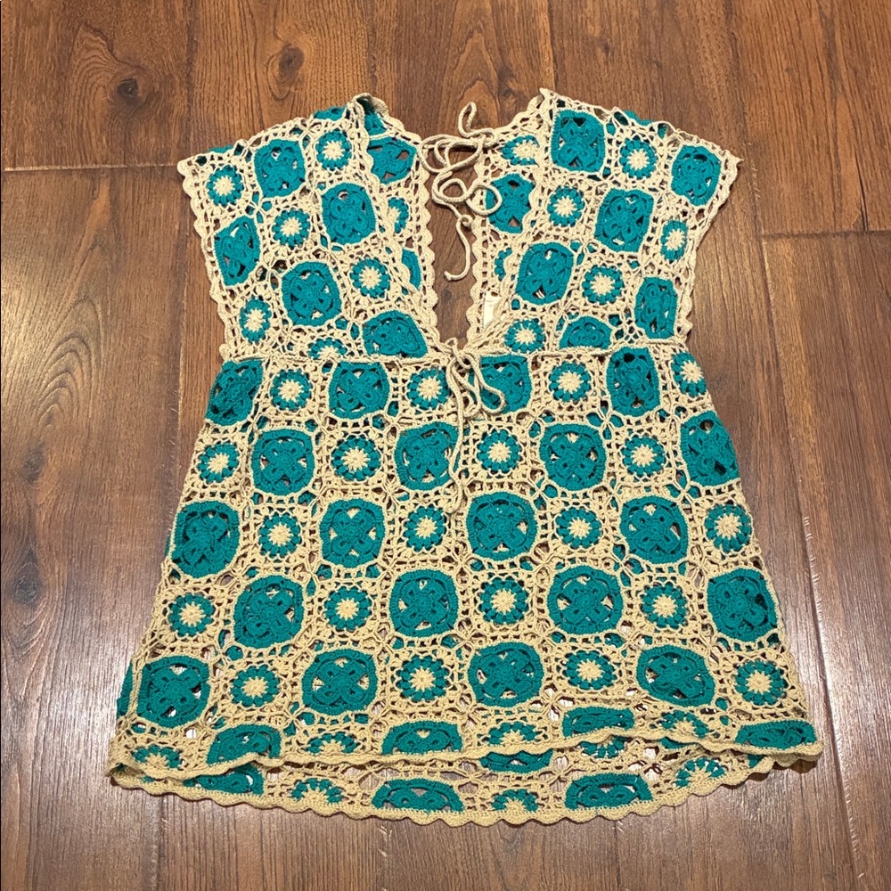 Flying Tomato Teal and Beige Crochet Swim Coverup